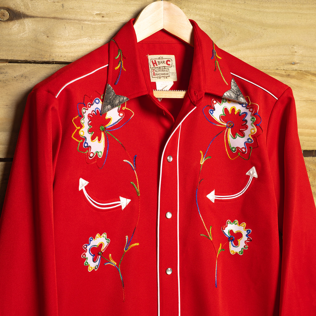 Vintage H Bar C California Ranchwear Red Embroidered Cowboy Shirt – Pearl Snaps, Size L