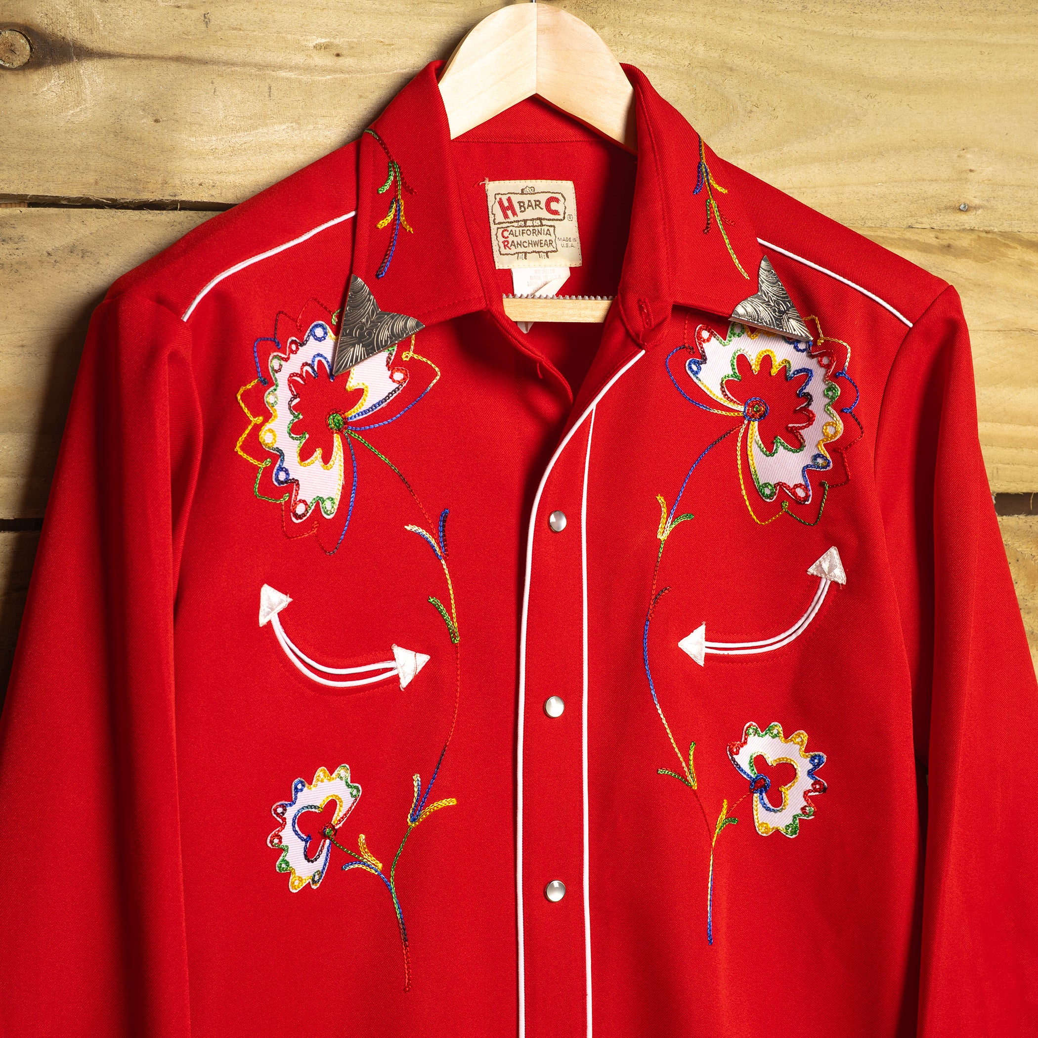 Vintage H Bar C California Ranchwear Red Embroidered Cowboy Shirt – Pearl Snaps, Size L