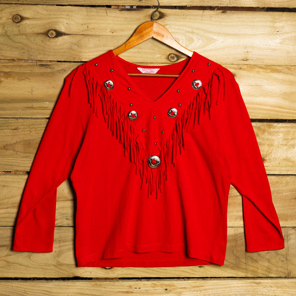 1980s H Bar C California Ranchwear Red Fringe Western Shirt with Metal Studs — S/M