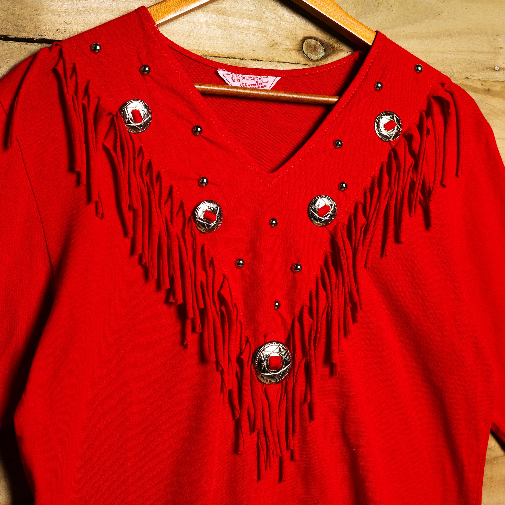 1980s H Bar C California Ranchwear Red Fringe Western Shirt with Metal Studs — S/M