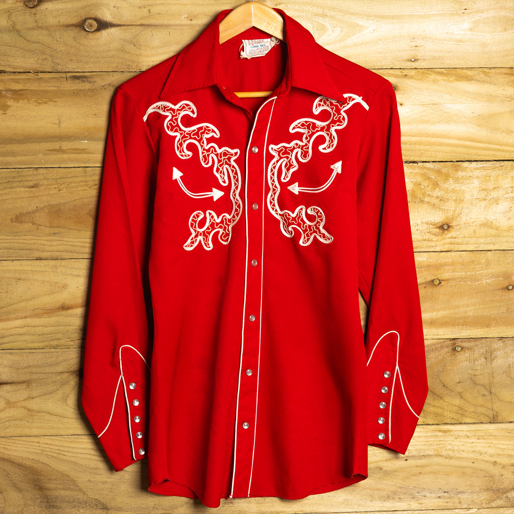 Vintage H Bar C California Ranchwear Red Embroidered Western Shirt - Longtail - Pearl Snaps - Size M (12-14)