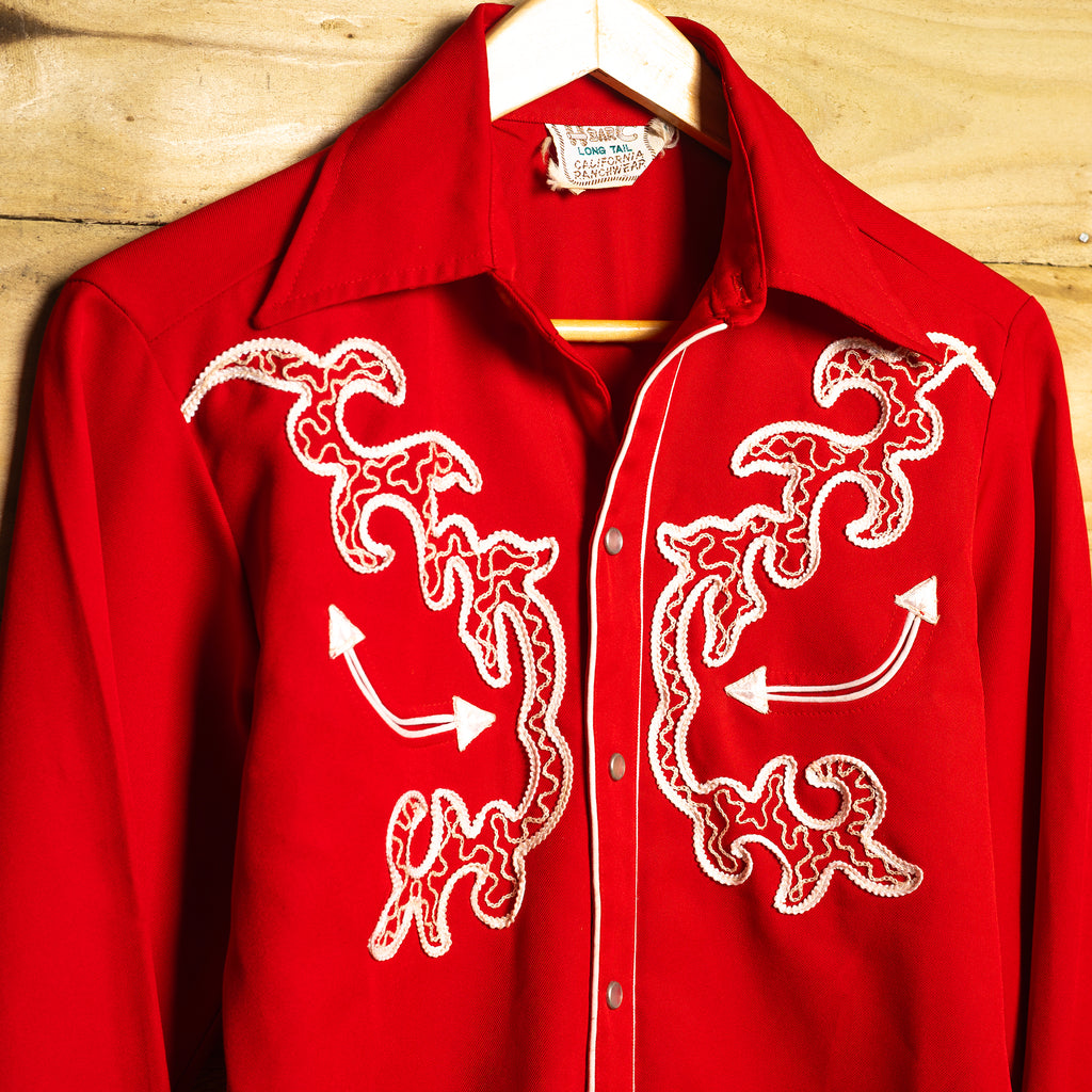 Vintage H Bar C California Ranchwear Red Embroidered Western Shirt - Longtail - Pearl Snaps - Size M (12-14)