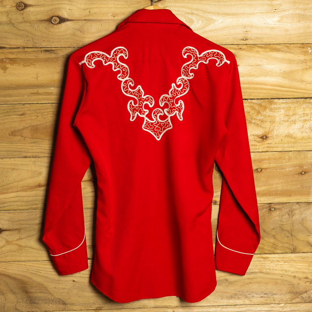 Vintage H Bar C California Ranchwear Red Embroidered Western Shirt - Longtail - Pearl Snaps - Size M (12-14)