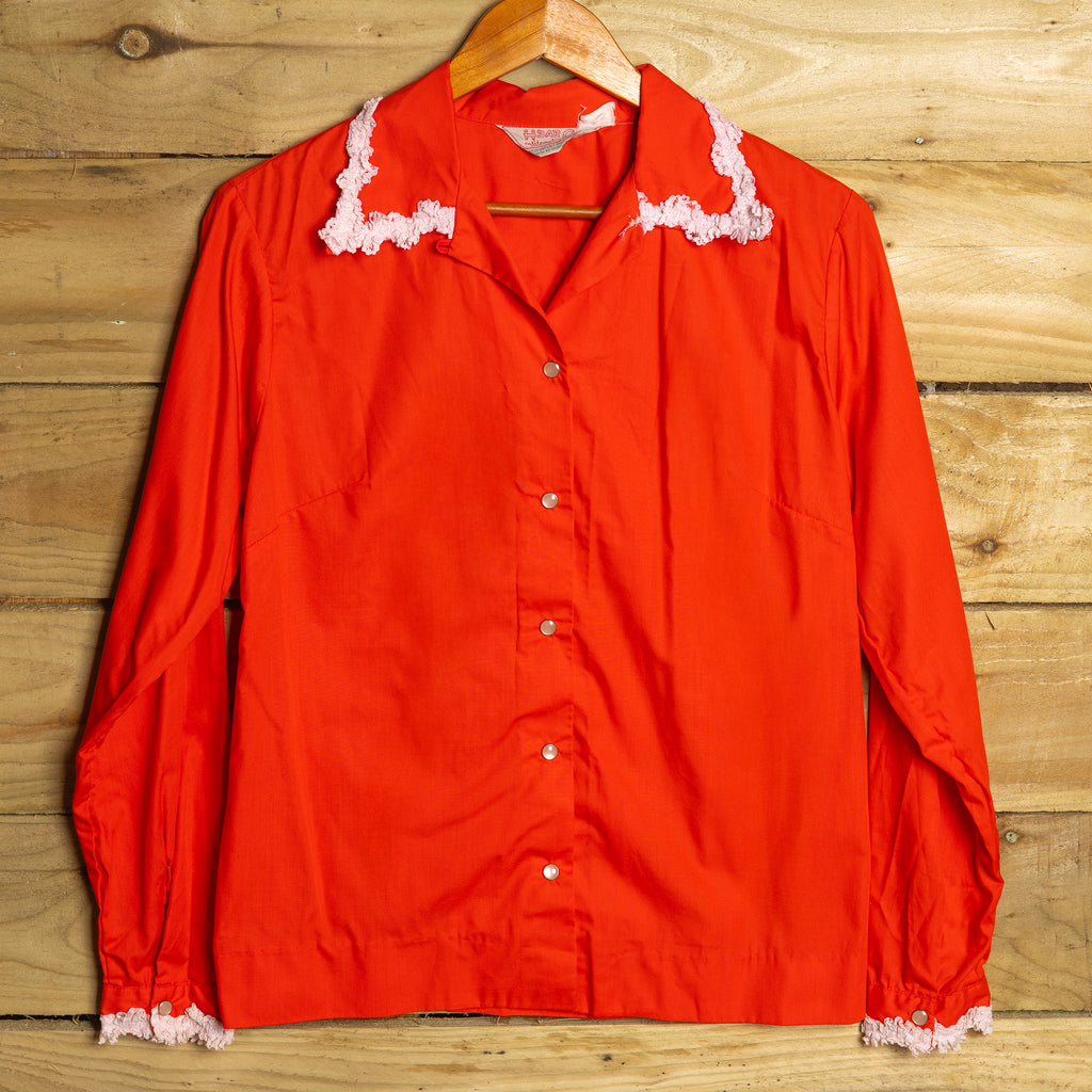 Vintage 1970s H Bar C Red Cowgirl Blouse with White Detail - Size M/10