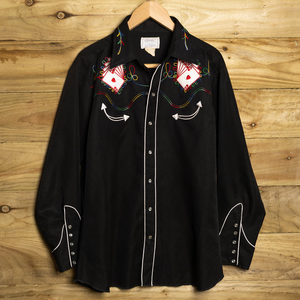 Vintage 1970s H Bar C California Ranchwear Black Royal Flush Embroidered Cowboy Shirt with Pearl Snaps - Size XL - Rodeo Joe's Western Wear