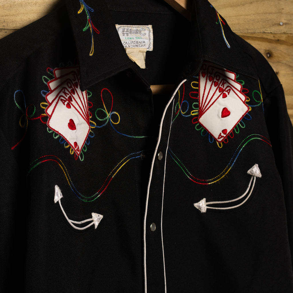 Vintage 1970s H Bar C California Ranchwear Black Royal Flush Embroidered Cowboy Shirt with Pearl Snaps - Size XL - Rodeo Joe's Western Wear