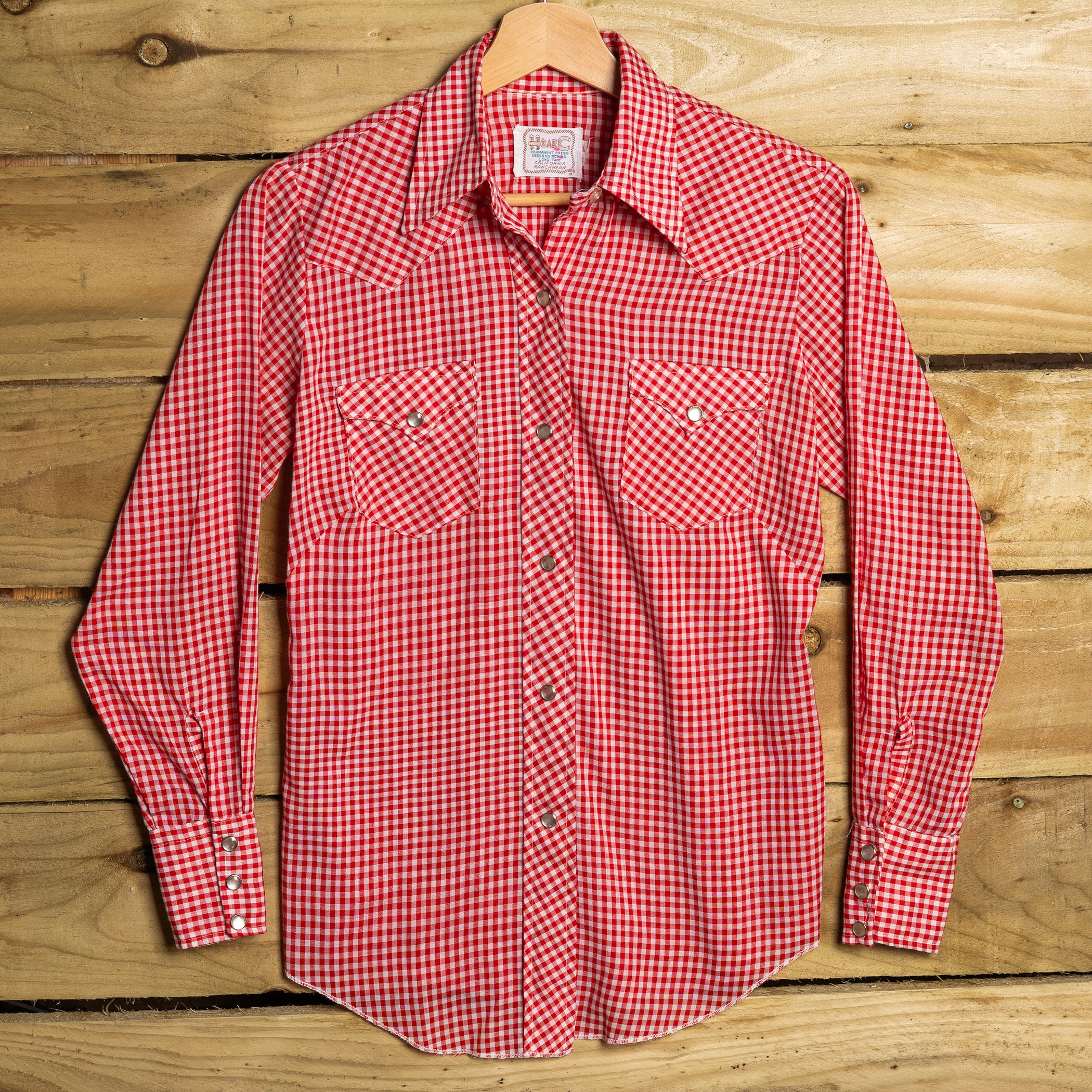 Vintage H Bar C California Ranchwear Red & White Gingham Cowgirl Shirt with Pearl Snaps & Sawtooth Pockets — S