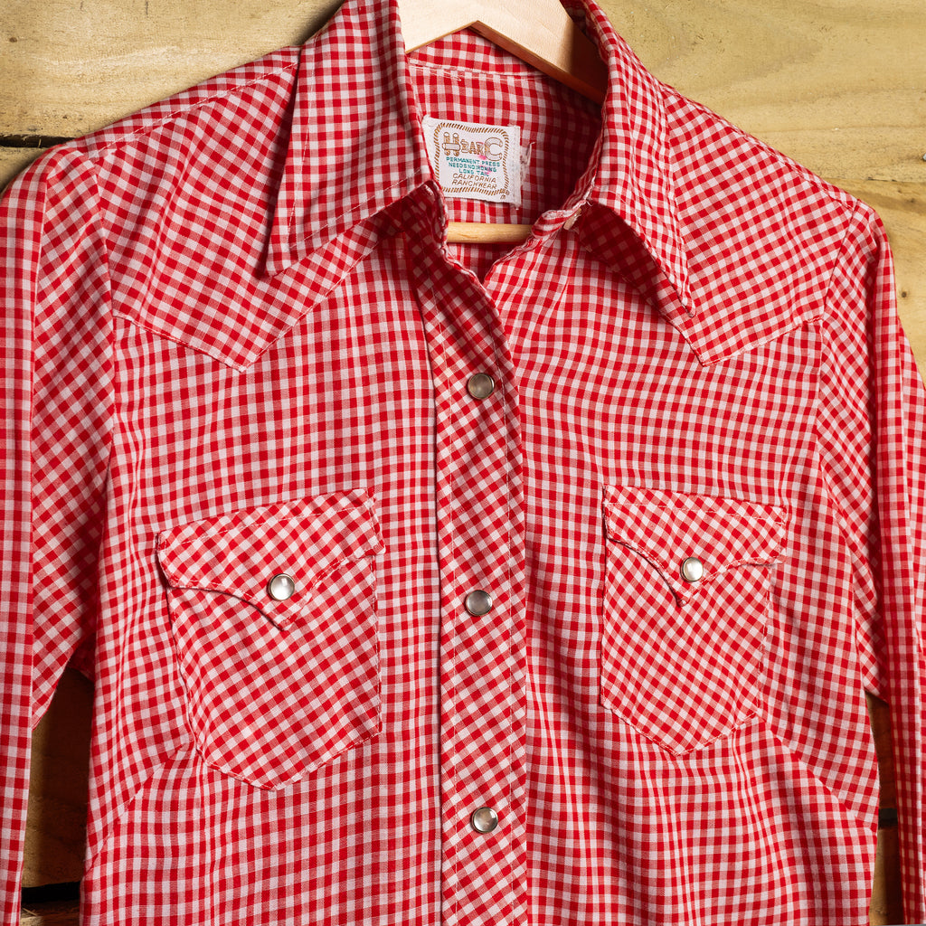 Vintage H Bar C California Ranchwear Red & White Gingham Cowgirl Shirt with Pearl Snaps & Sawtooth Pockets — S