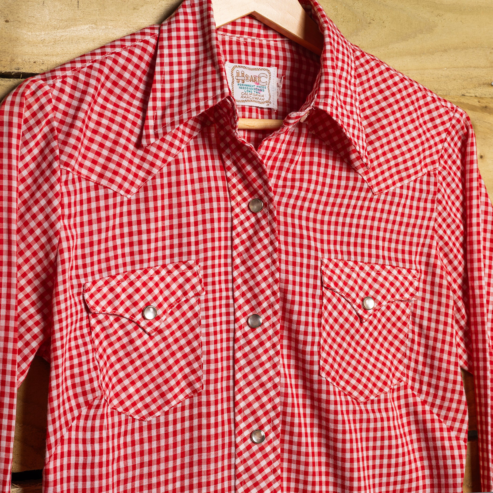 Vintage H Bar C California Ranchwear Red & White Gingham Cowgirl Shirt with Pearl Snaps & Sawtooth Pockets — S
