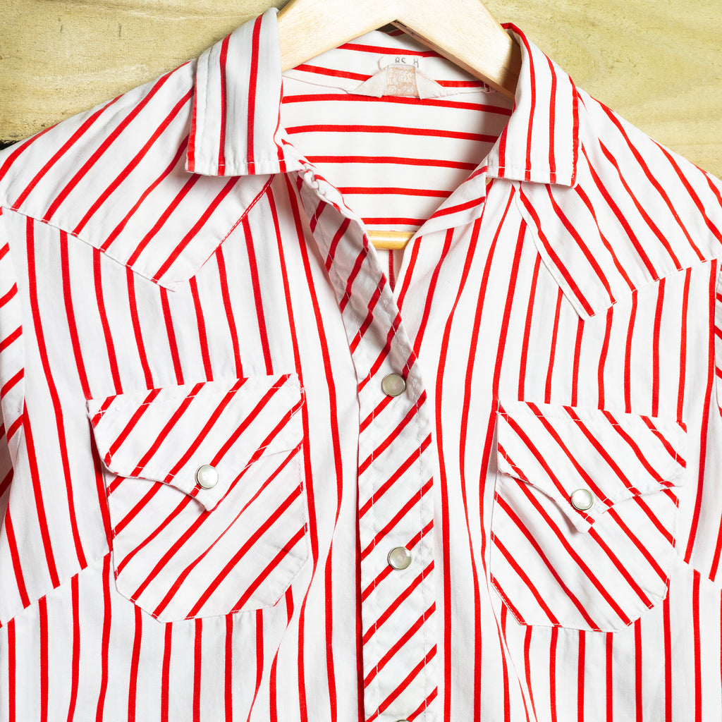 Vintage H Bar C California Ranchwear Red & White Striped Western Shirt — S (8-10)