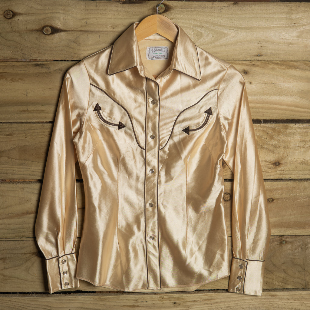 Vintage 1970s H Bar C Champagne Satin Pearl Snap Western Shirt – S 8–10