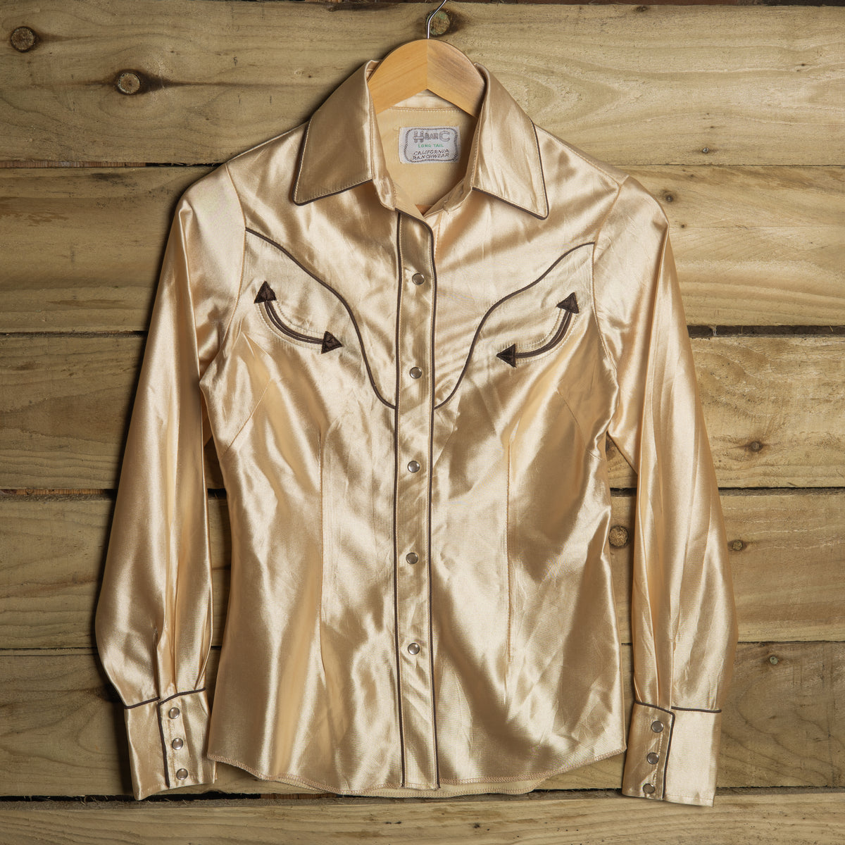 Vintage 1970s H Bar C Champagne Satin Pearl Snap Western Shirt – S 8–10