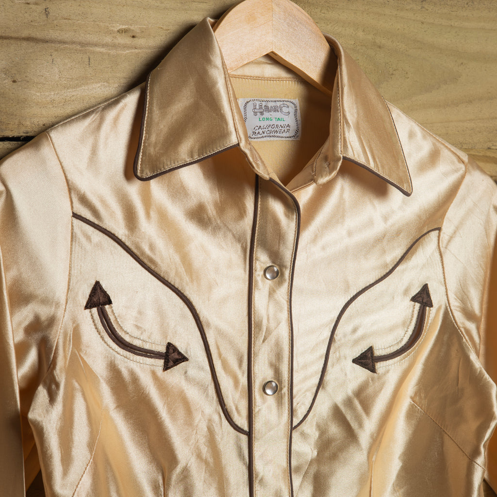 Vintage 1970s H Bar C Champagne Satin Pearl Snap Western Shirt – S 8–10