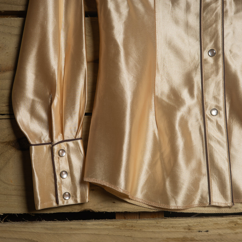 Vintage 1970s H Bar C Champagne Satin Pearl Snap Western Shirt – S 8–10