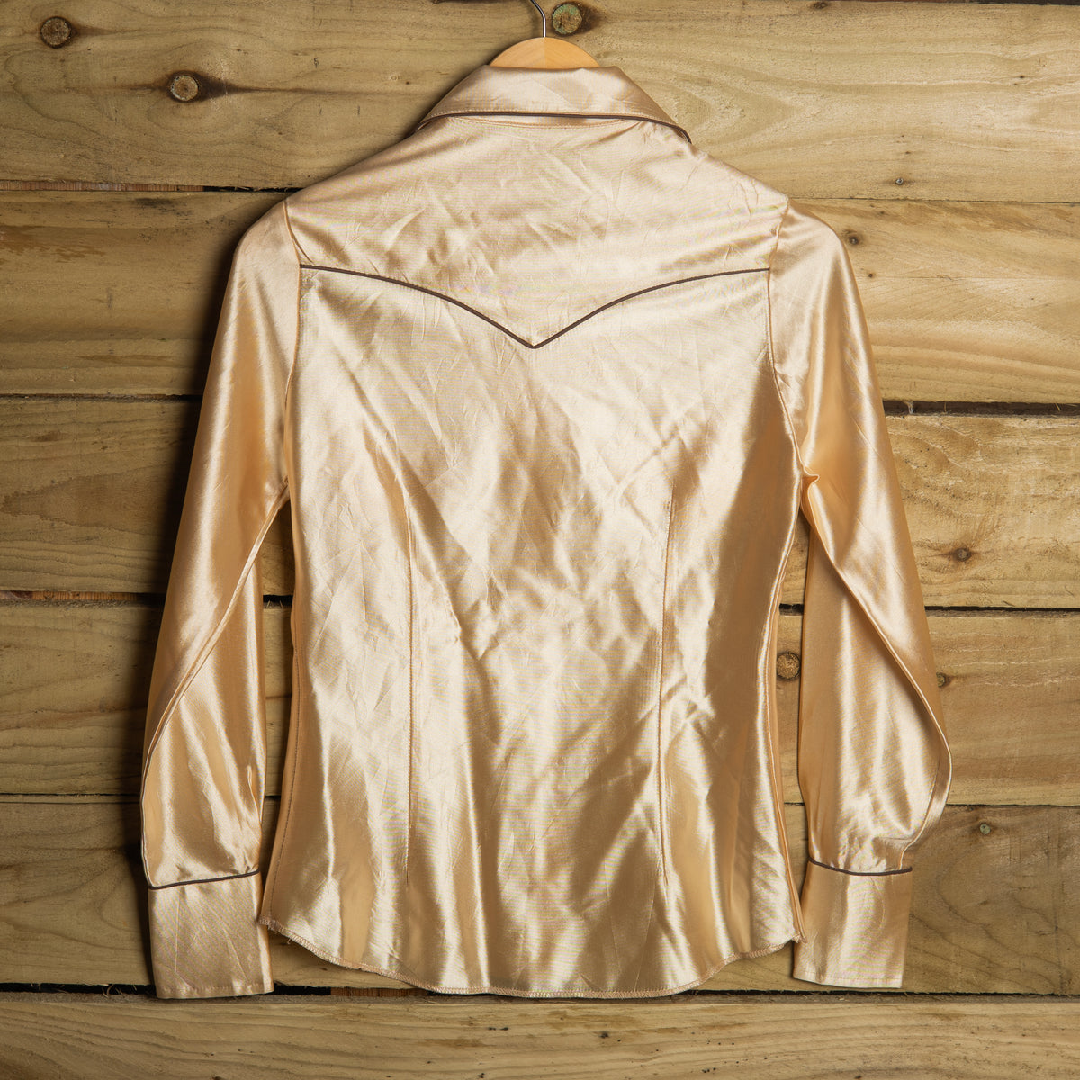 Vintage 1970s H Bar C Champagne Satin Pearl Snap Western Shirt – S 8–10