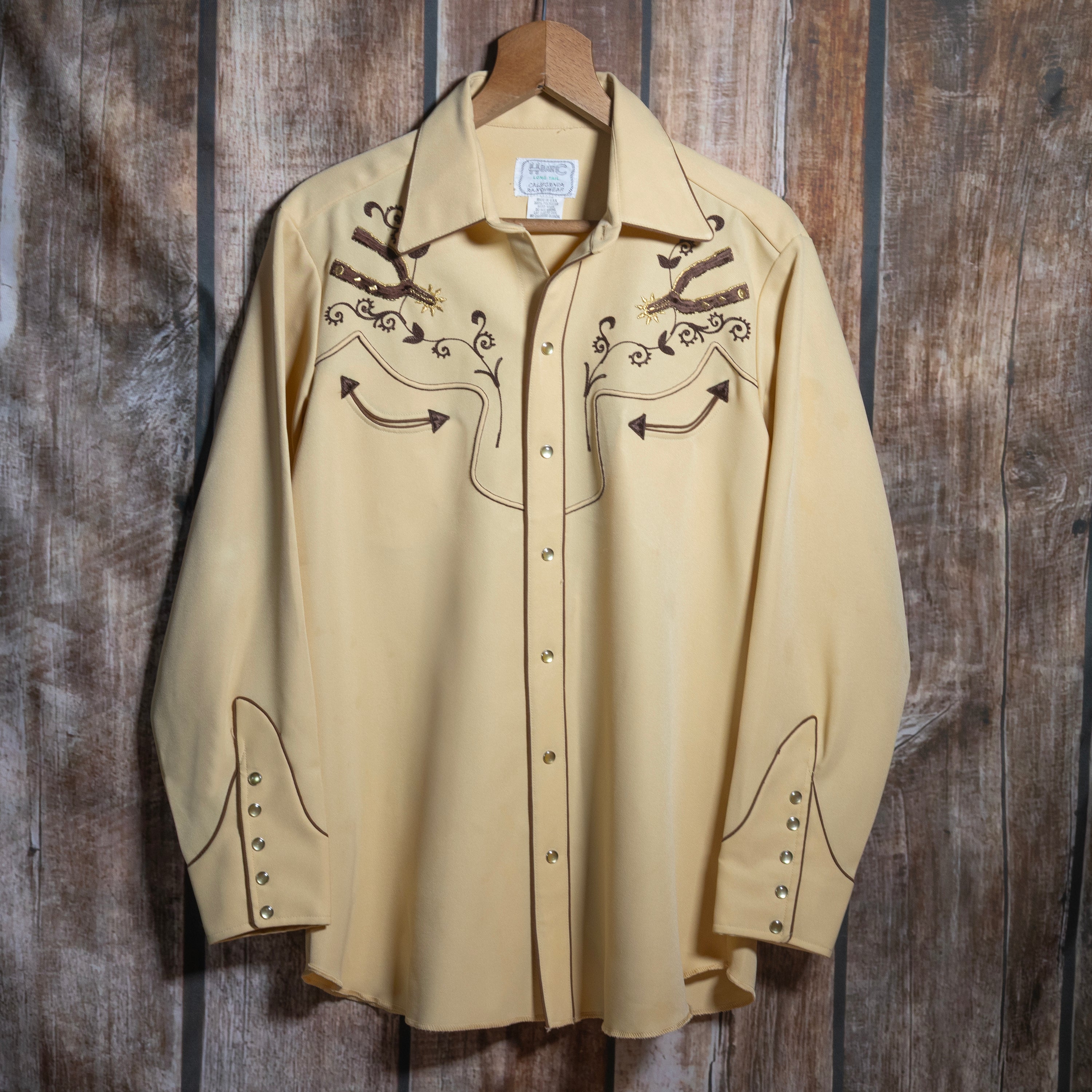 1970s Vintage H Bar C California Ranchwear Yellow and Brown Embroidered Western Shirt
