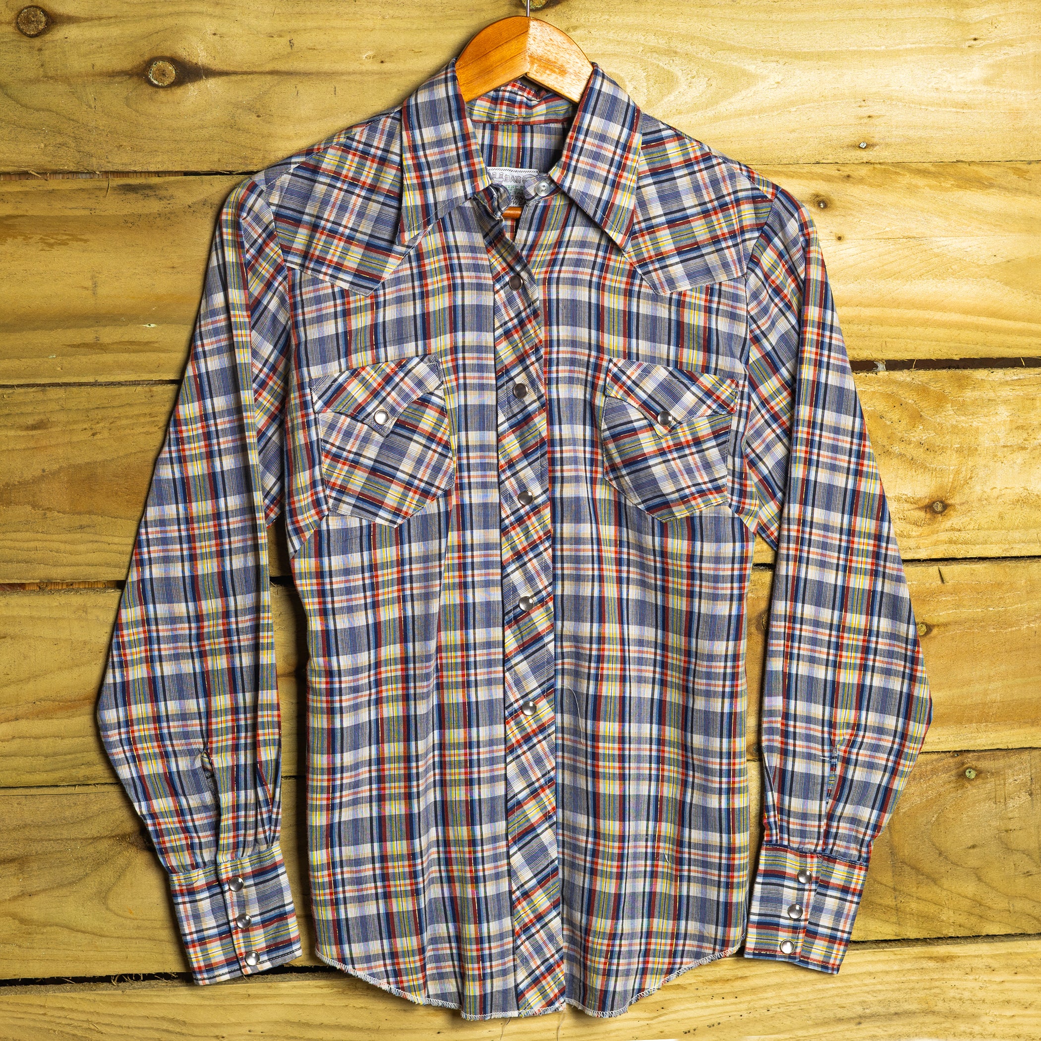 Vintage H Bar C Western Shirt – Blue & Red Check, Pearl Snaps, Size 10