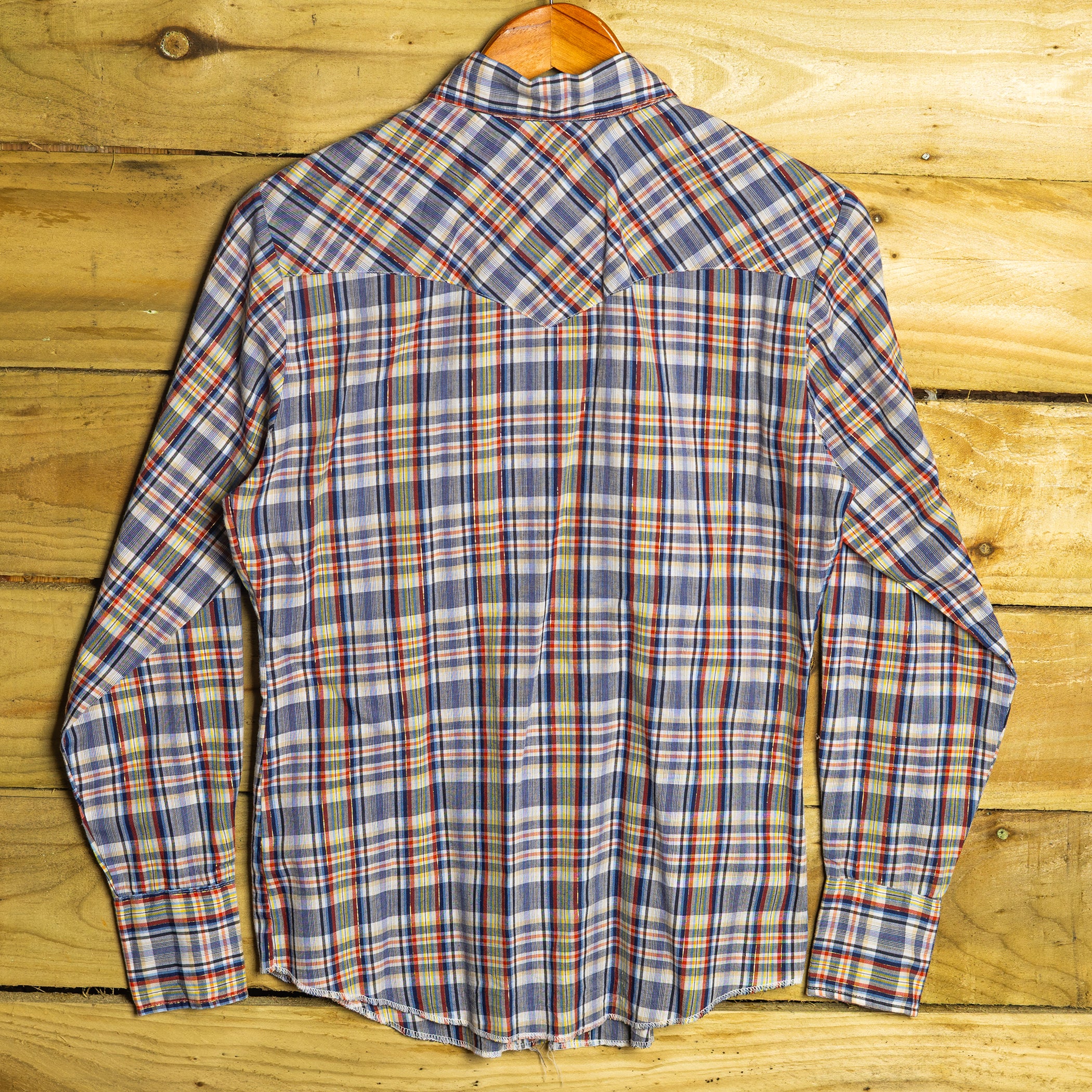 Vintage H Bar C Western Shirt – Blue & Red Check, Pearl Snaps, Size 10
