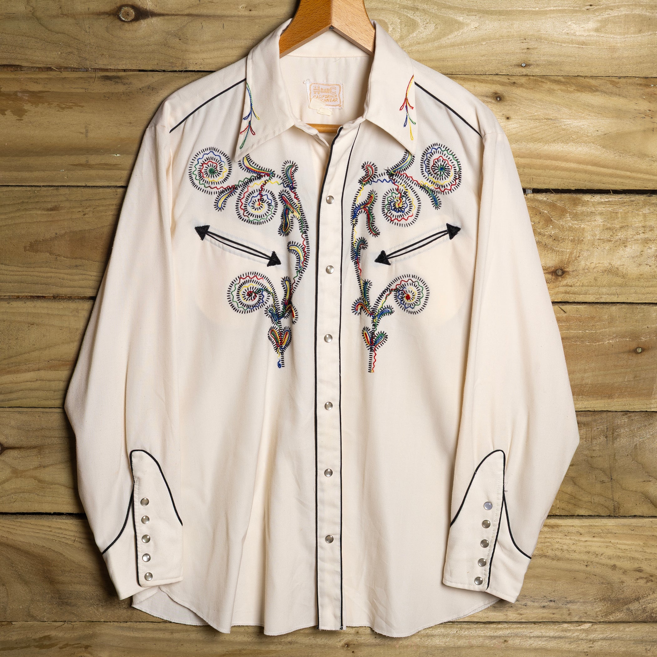 Vintage 1960s H Bar C Cream Embroidered Western Shirt with Pearl Snaps