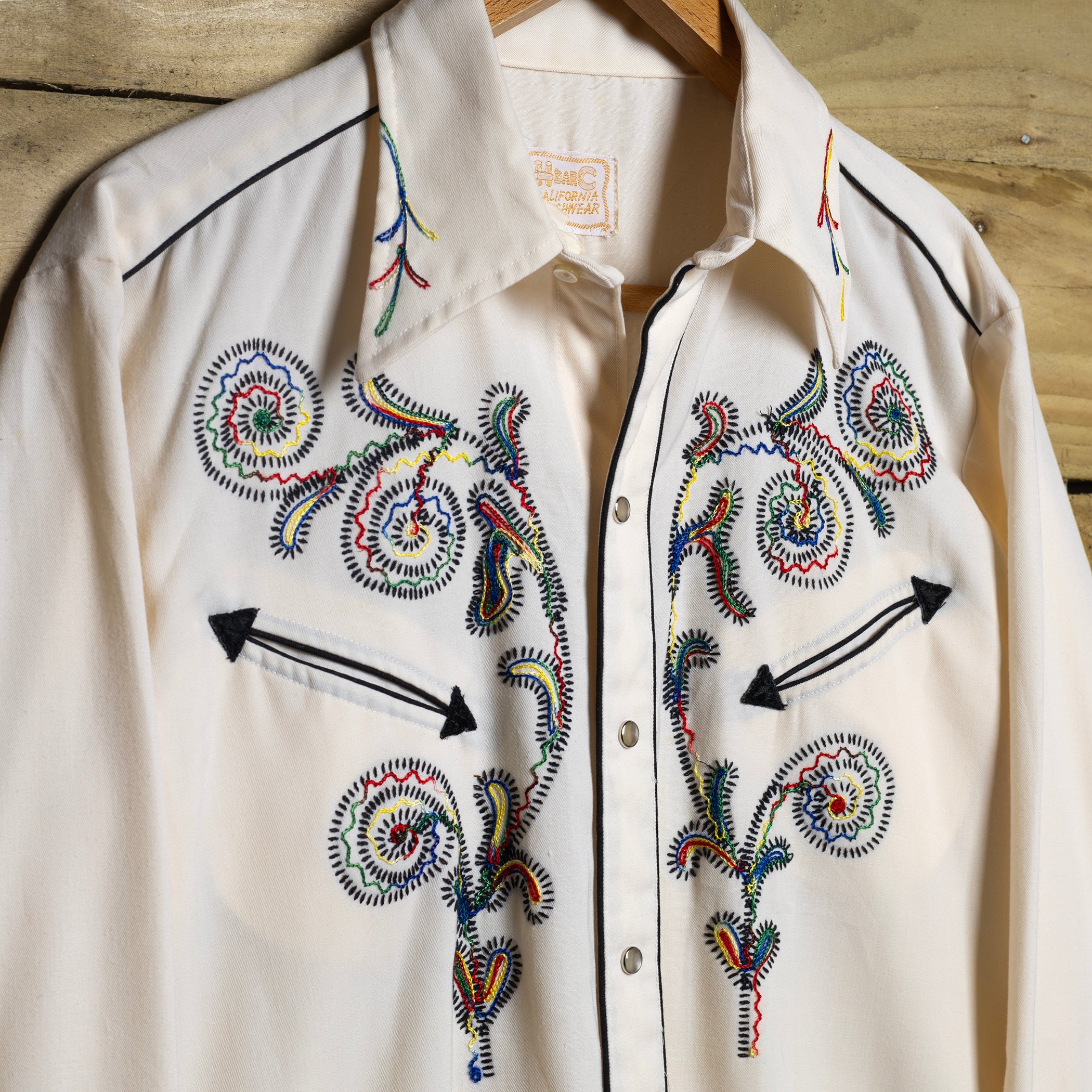 Vintage 1960s H Bar C Cream Embroidered Western Shirt with Pearl Snaps