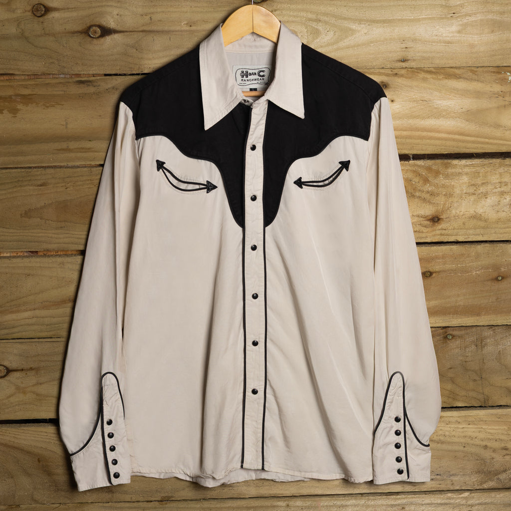 H Bar C California Ranchwear Ivory & Black Tensel Western Shirt with Pearl Snaps, Size L