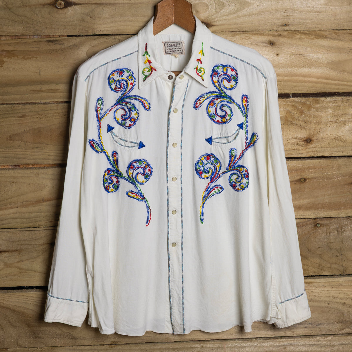 Vintage H Bar C White Embroidered Pearl Snap Western Shirt – XL