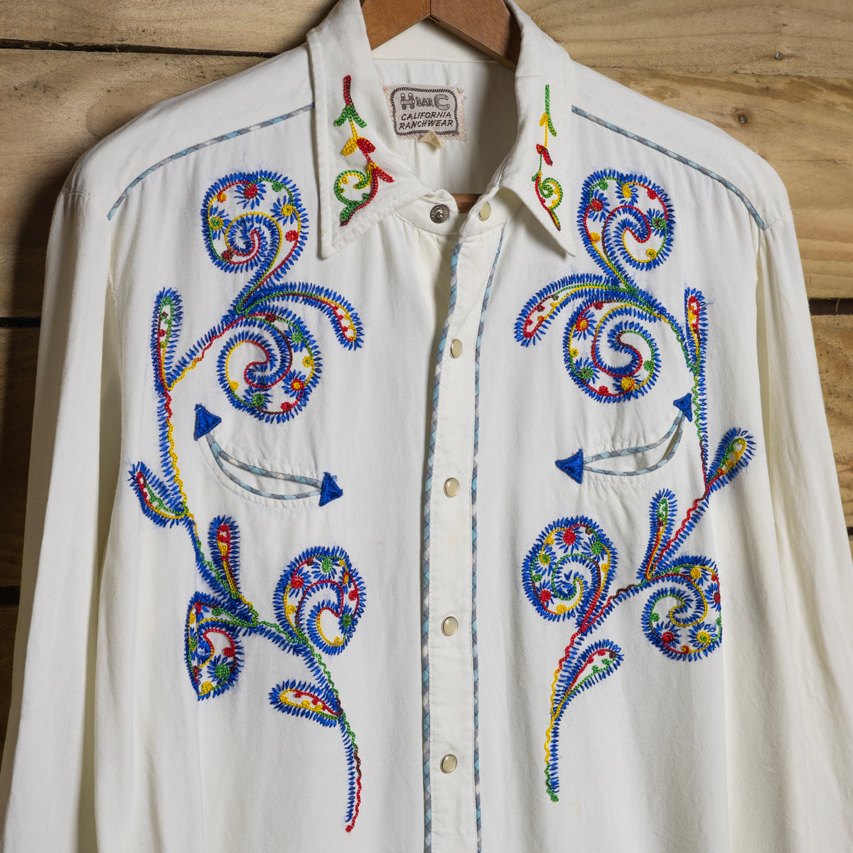 Vintage H Bar C White Embroidered Pearl Snap Western Shirt – XL