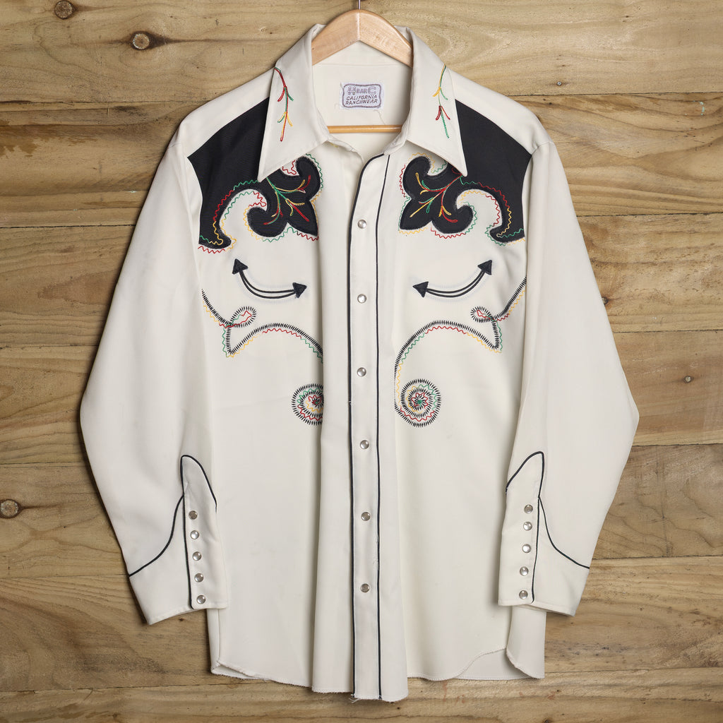 1970s Vintage H Bar C Embroidered Cream Western Shirt L