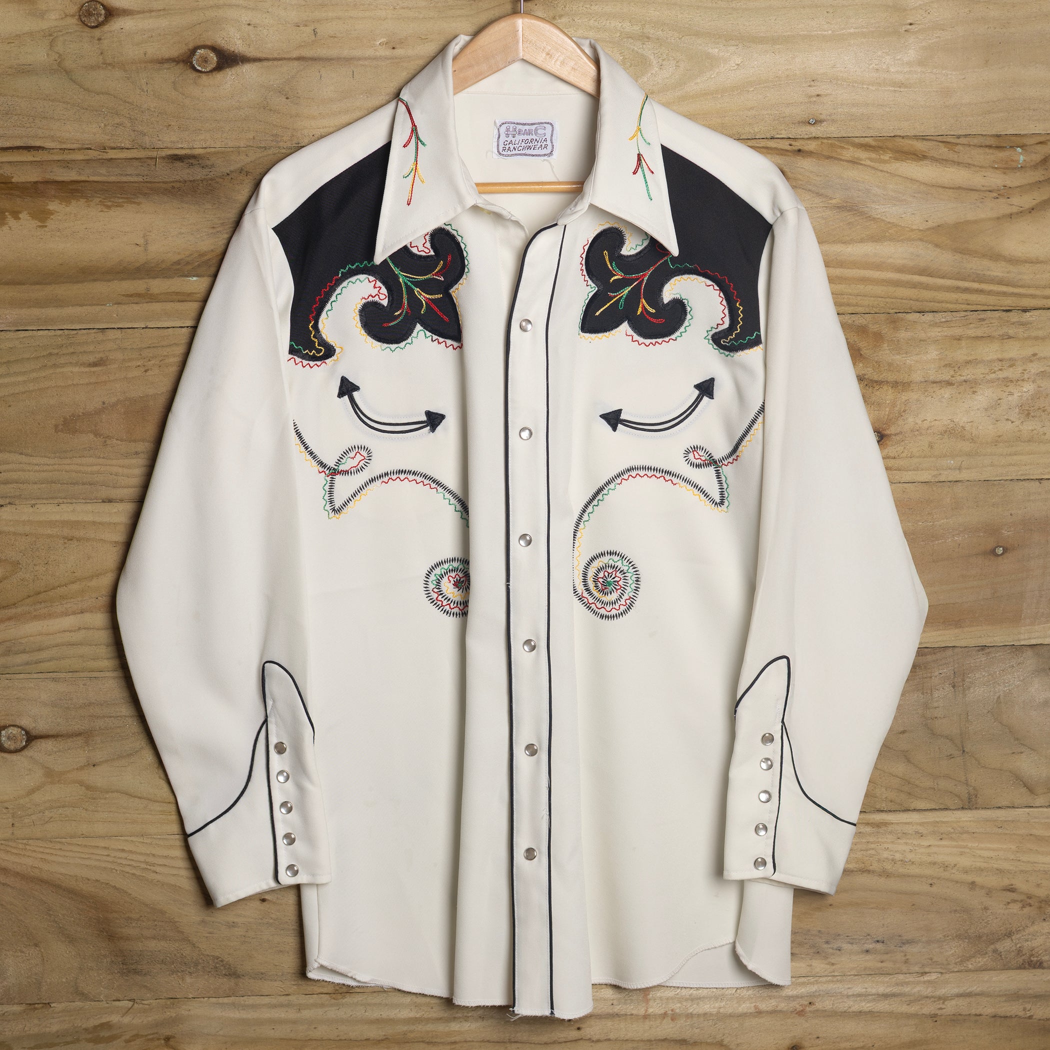 1970s Vintage H Bar C Embroidered Cream Western Shirt L