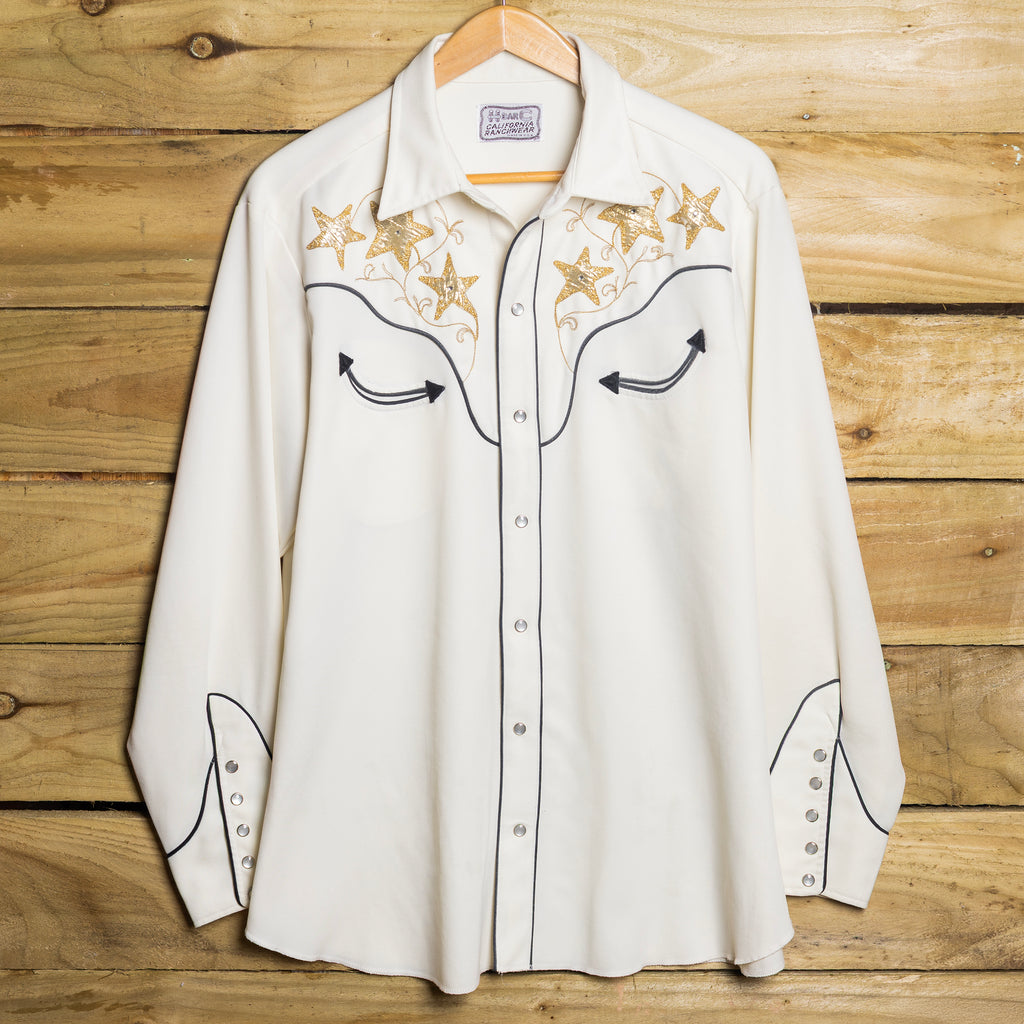 Vintage H Bar C California Ranchwear Cream Star Embroidered Pearl Snap Western Shirt – Size XL