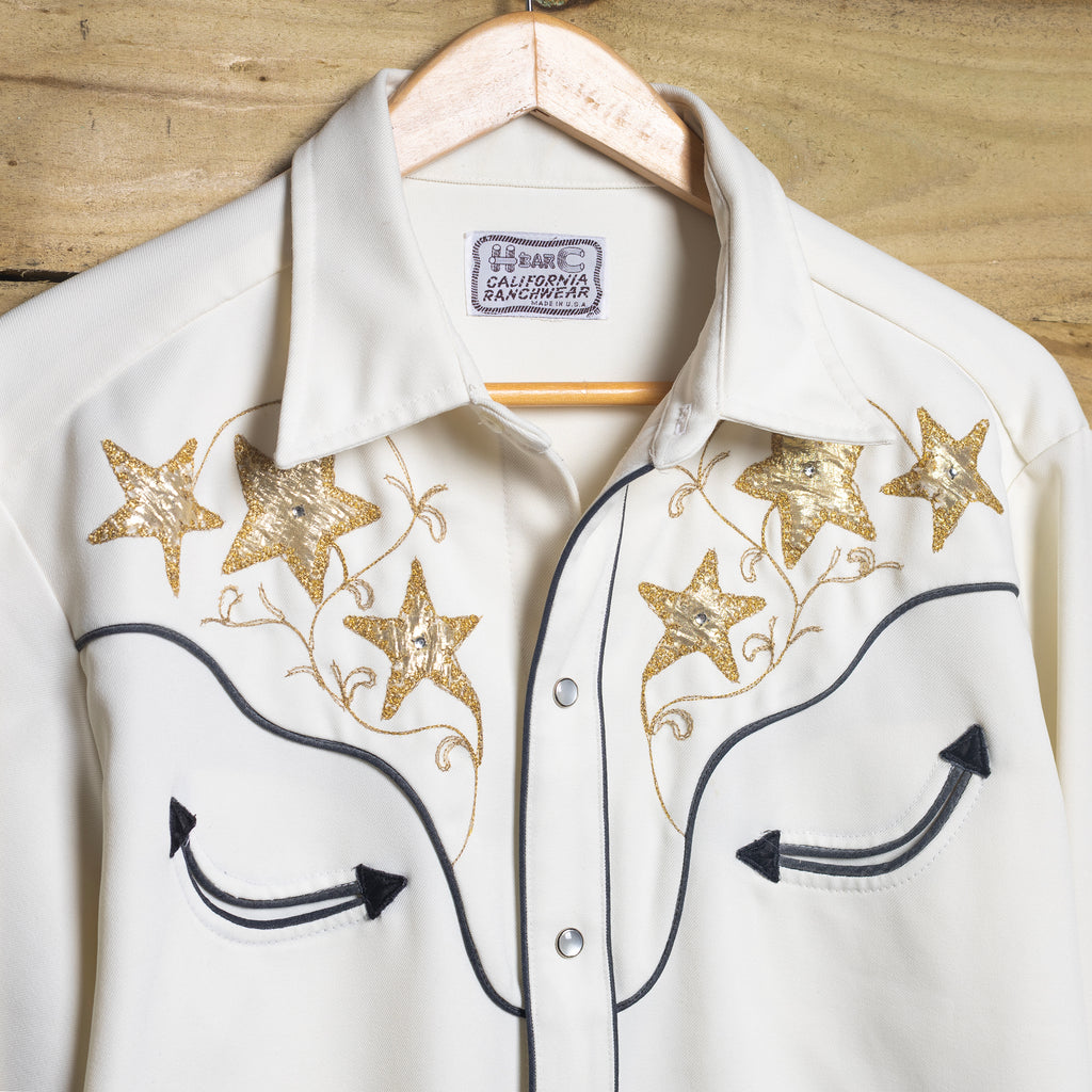 Vintage H Bar C California Ranchwear Cream Star Embroidered Pearl Snap Western Shirt – Size XL