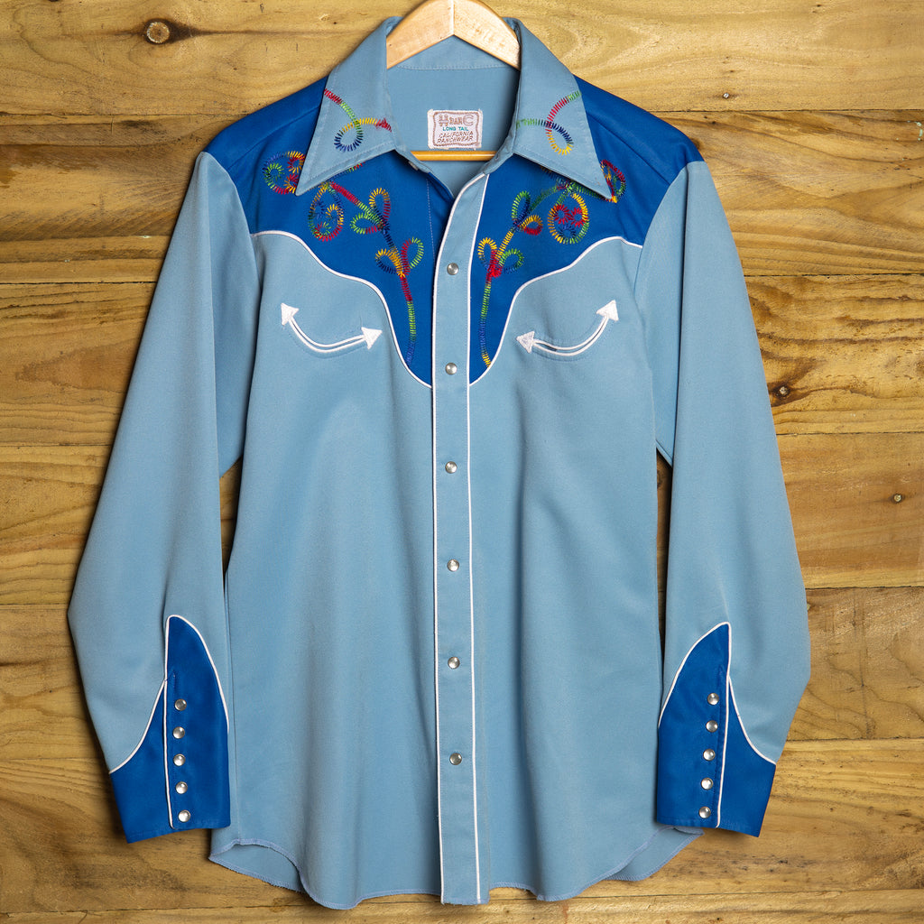 1970s H Bar C California Ranchwear Light Blue Embroidered Western Shirt - Pearl Snaps - Size M