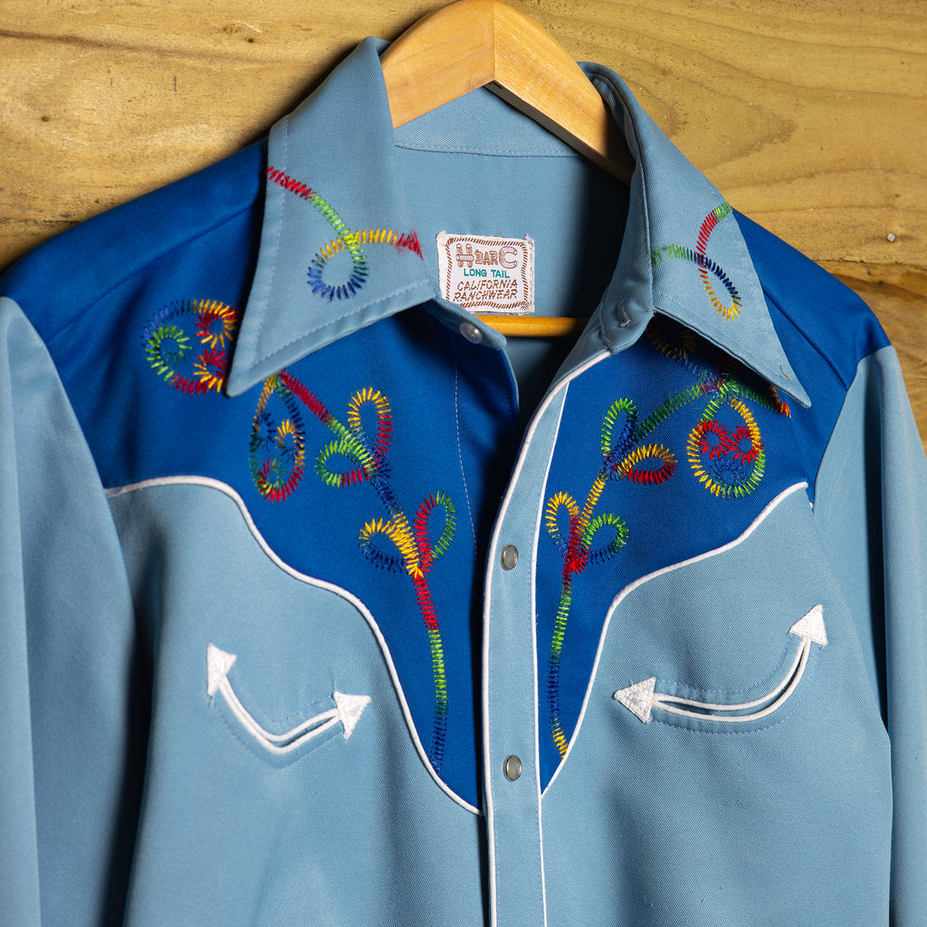 1970s H Bar C California Ranchwear Light Blue Embroidered Western Shirt - Pearl Snaps - Size M