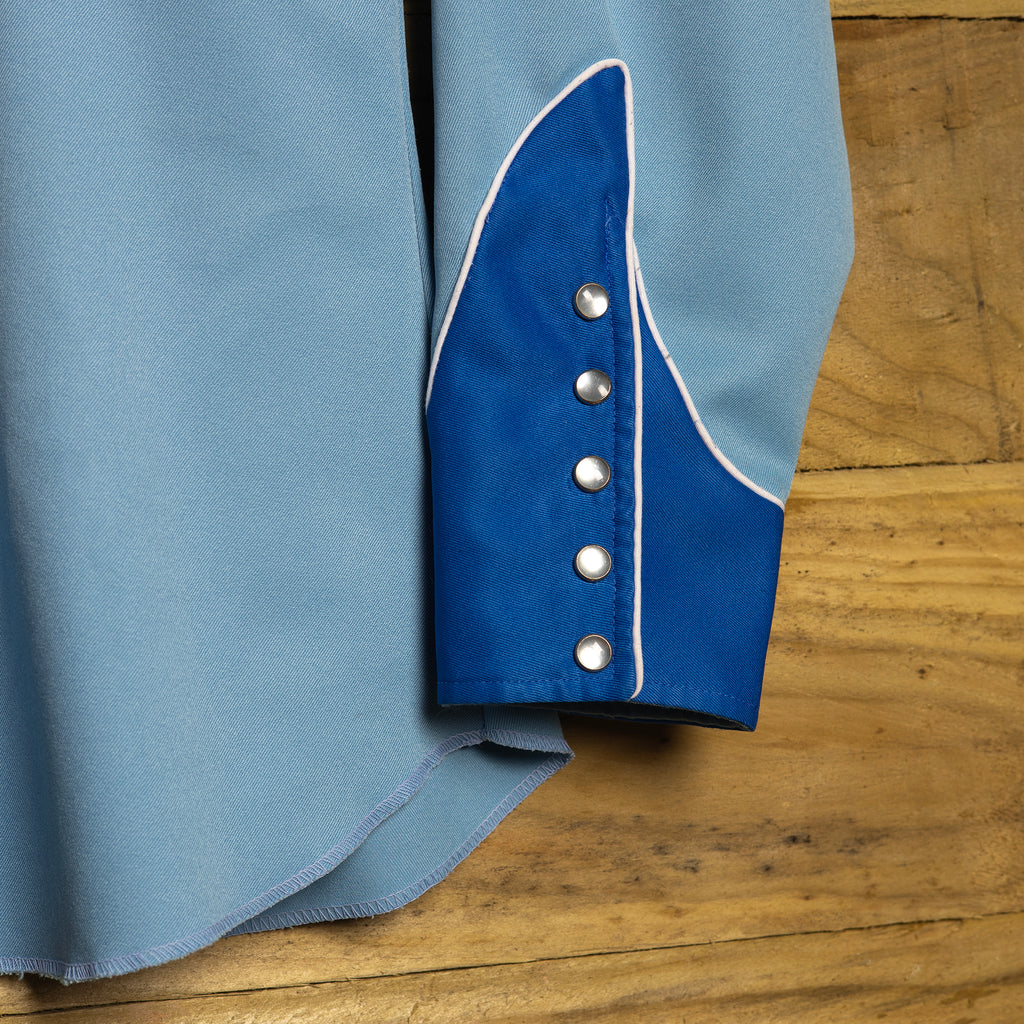 1970s H Bar C California Ranchwear Light Blue Embroidered Western Shirt - Pearl Snaps - Size M