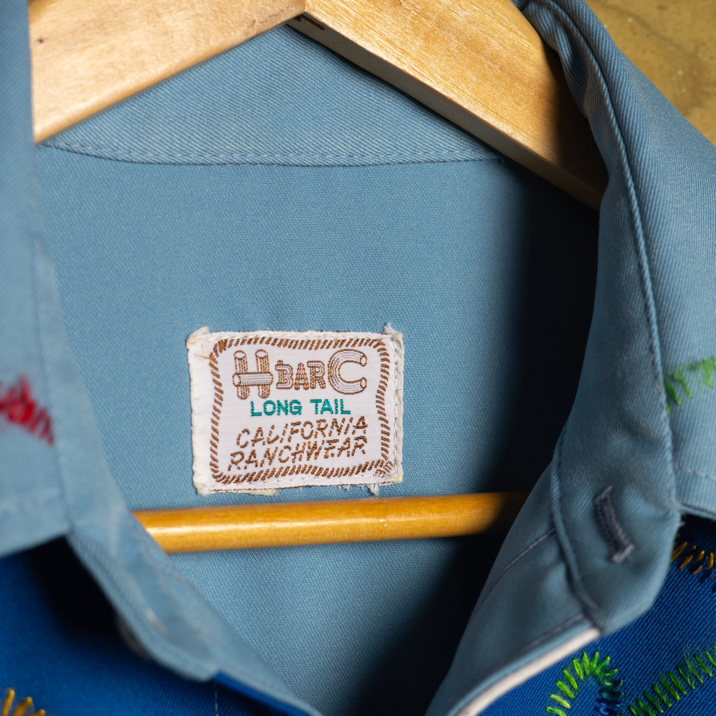 1970s H Bar C California Ranchwear Light Blue Embroidered Western Shirt - Pearl Snaps - Size M