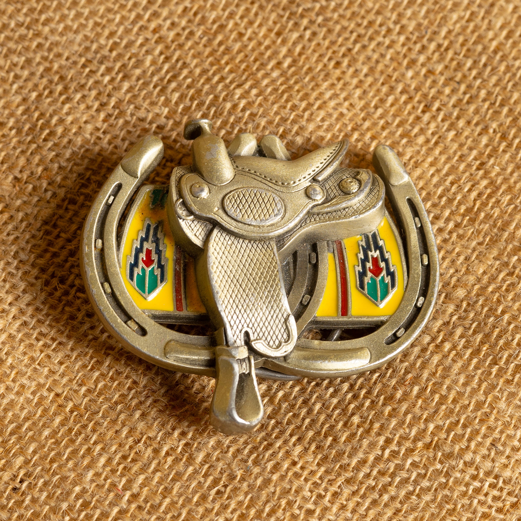 Vintage Horse Saddle & Horseshoe Painted Metal Belt Buckle