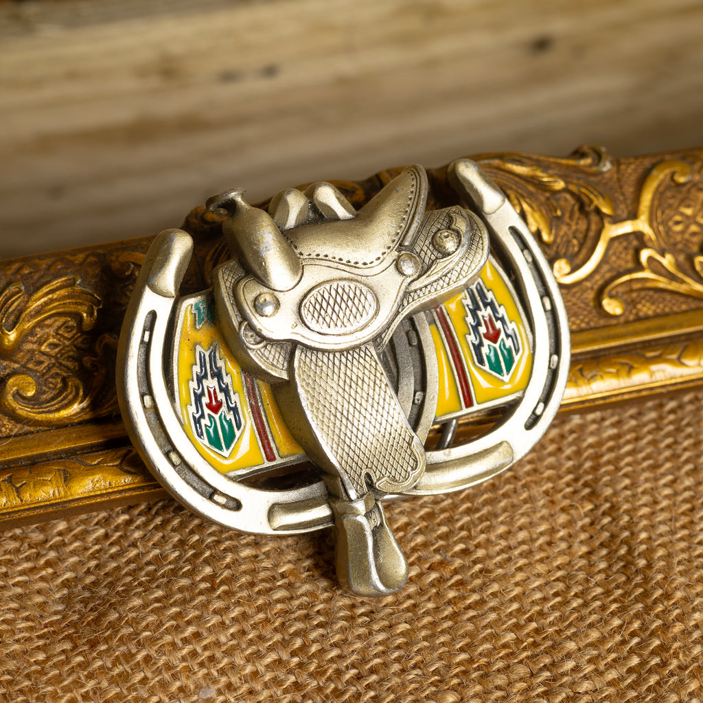 Vintage Horse Saddle & Horseshoe Painted Metal Belt Buckle