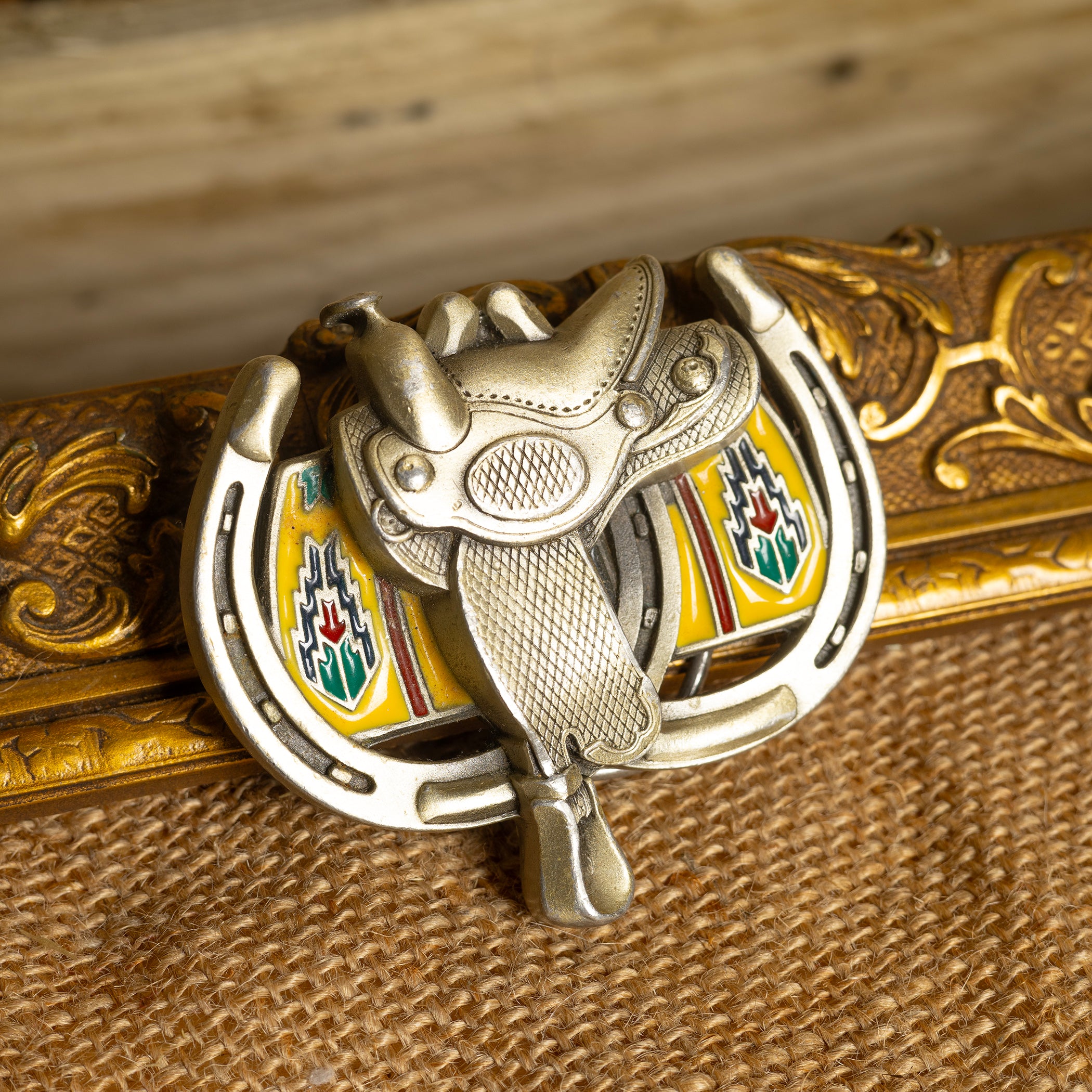 Vintage Horse Saddle & Horseshoe Painted Metal Belt Buckle