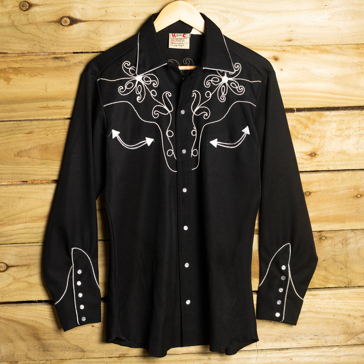 1970s H Bar C Black Floral Embroidered Western Shirt, M