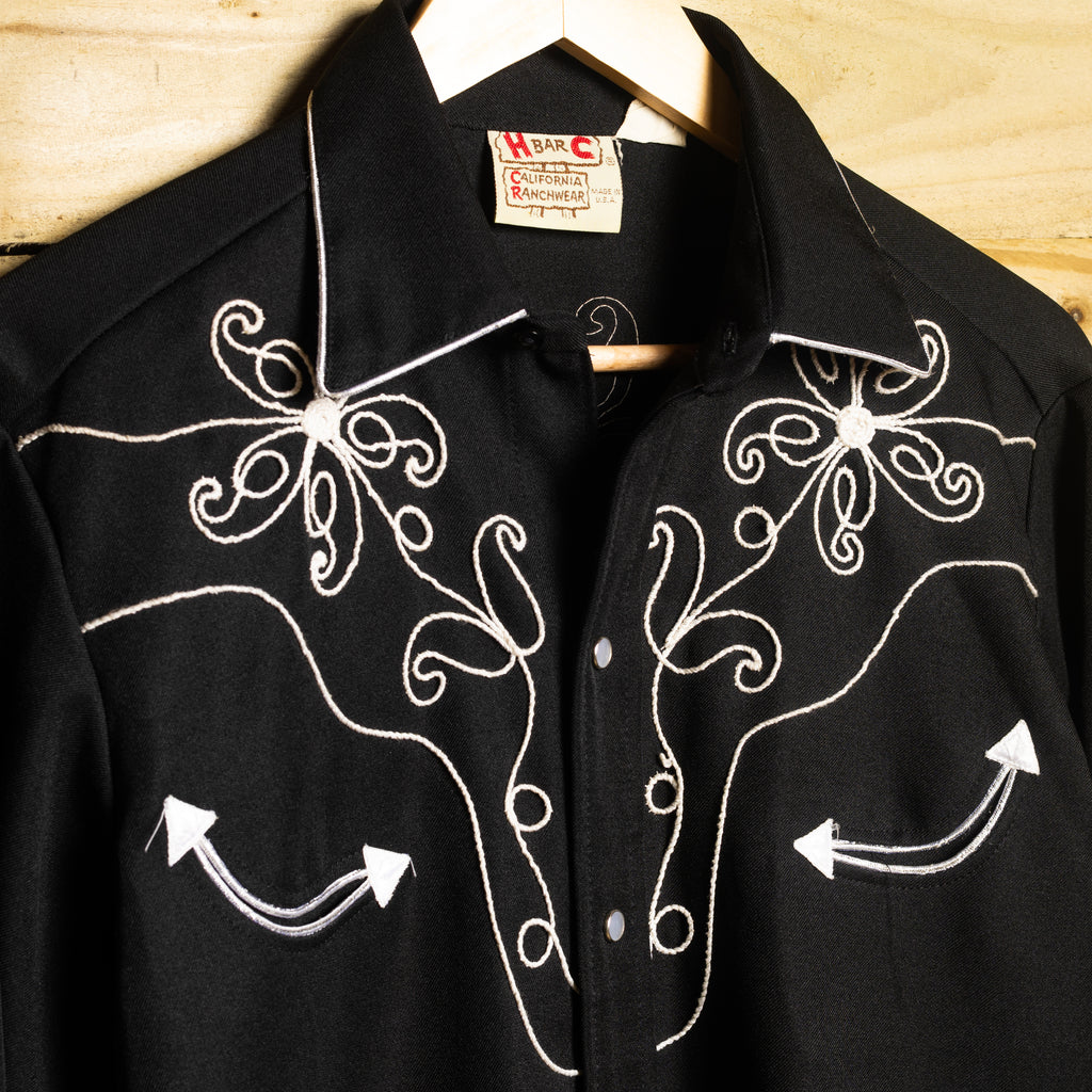 1970s H Bar C Black Floral Embroidered Western Shirt, M