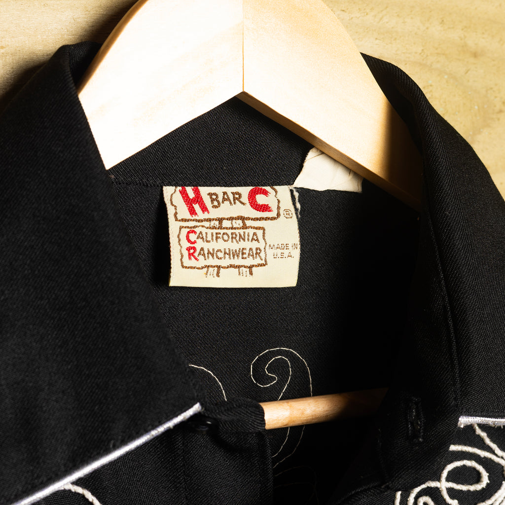 1970s H Bar C Black Floral Embroidered Western Shirt, M
