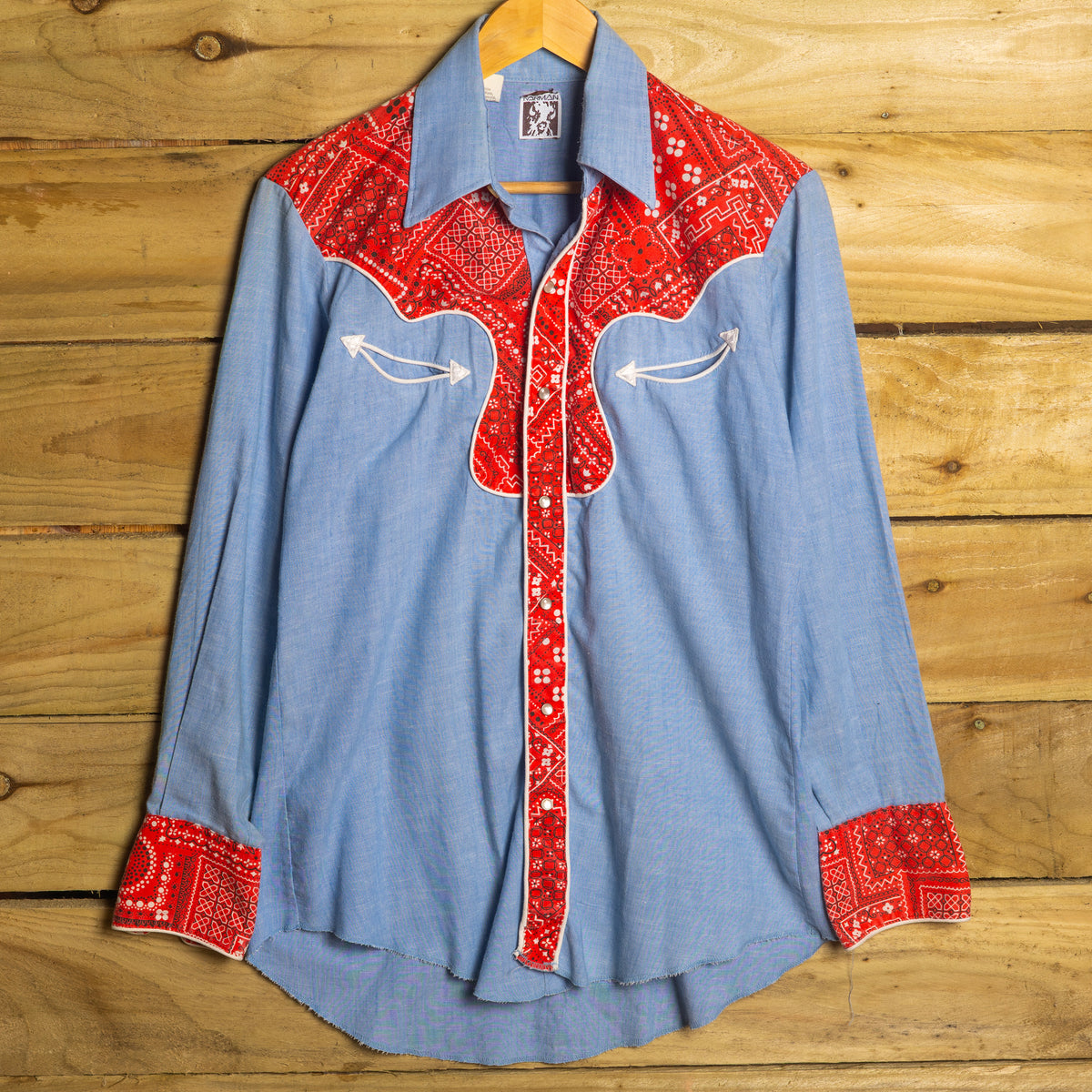 1970s Vintage Karman Blue Chambray Bandana Western Shirt, Size 15