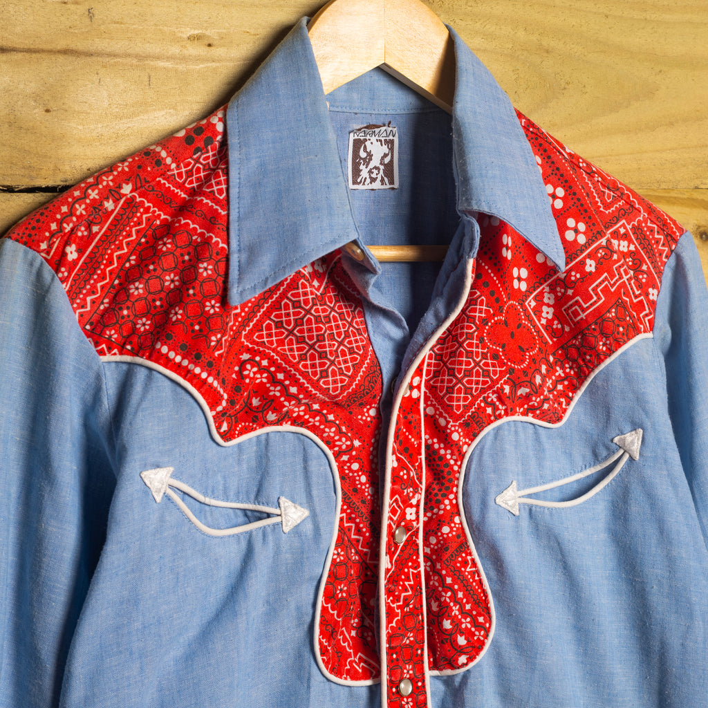 1970s Vintage Karman Blue Chambray Bandana Western Shirt, Size 15