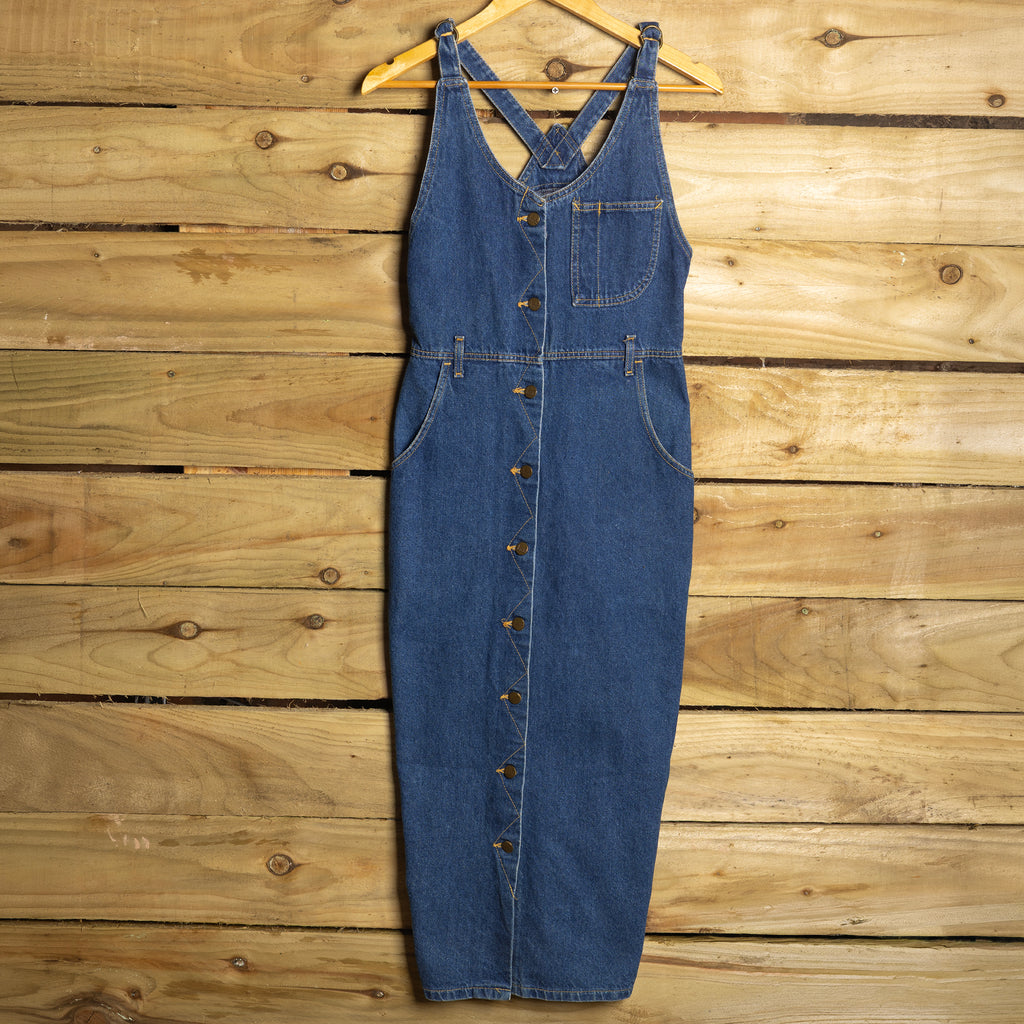Vintage 90s Lee USA Denim Maxi Dress – Dark Wash Button-Up with Pockets