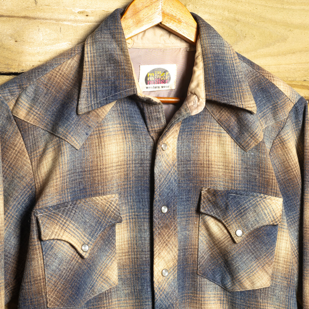 1970s Vintage Miller Western Wear Thick Plaid Pearl Snap Shirt – Size S (8–10)