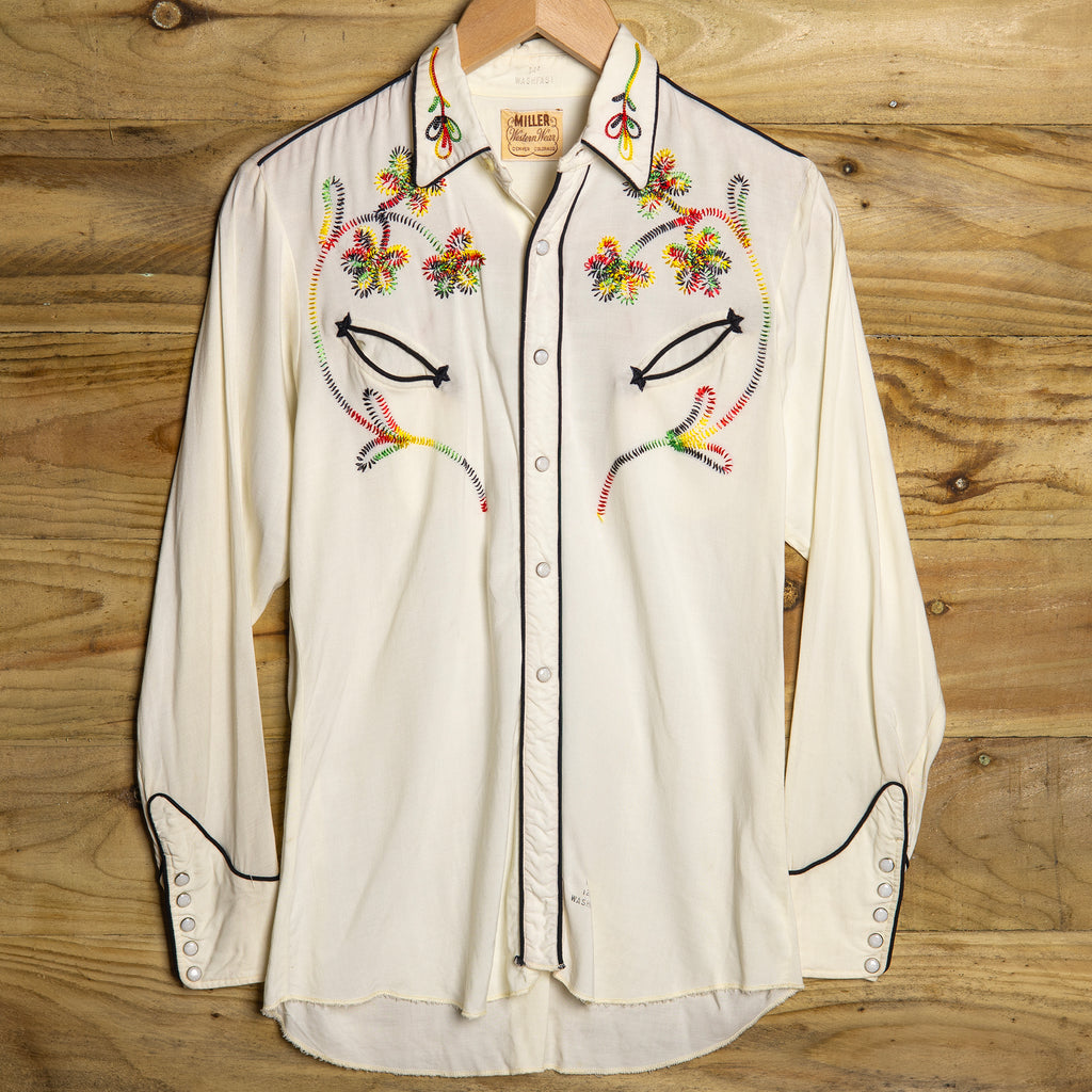 1950s Miller Western Wear Embroidered Cream Rayon Western Shirt - Pearl Snaps - Size M - Rare