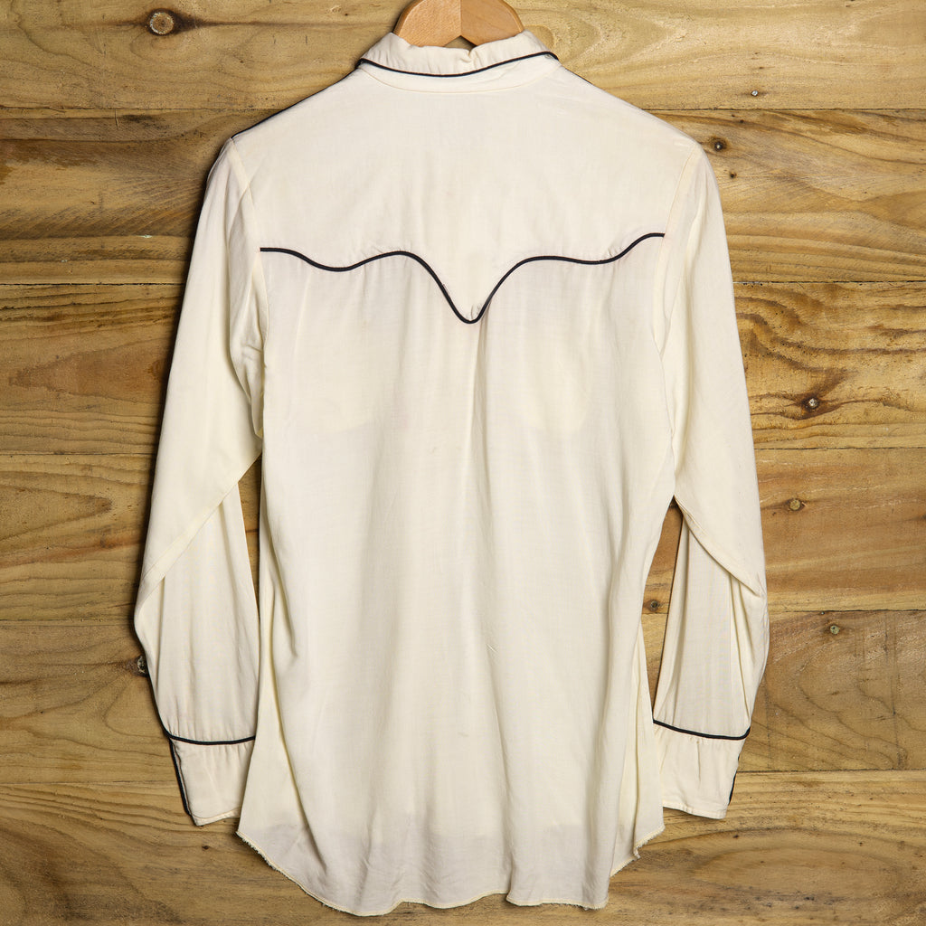 1950s Miller Western Wear Embroidered Cream Rayon Western Shirt - Pearl Snaps - Size M - Rare