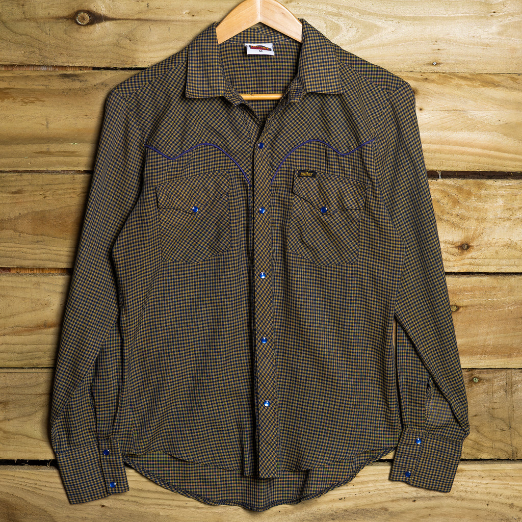 Vintage Miller Western Wear Blue & Yellow Check Pearl Snap Western Shirt – Size S (8–10)