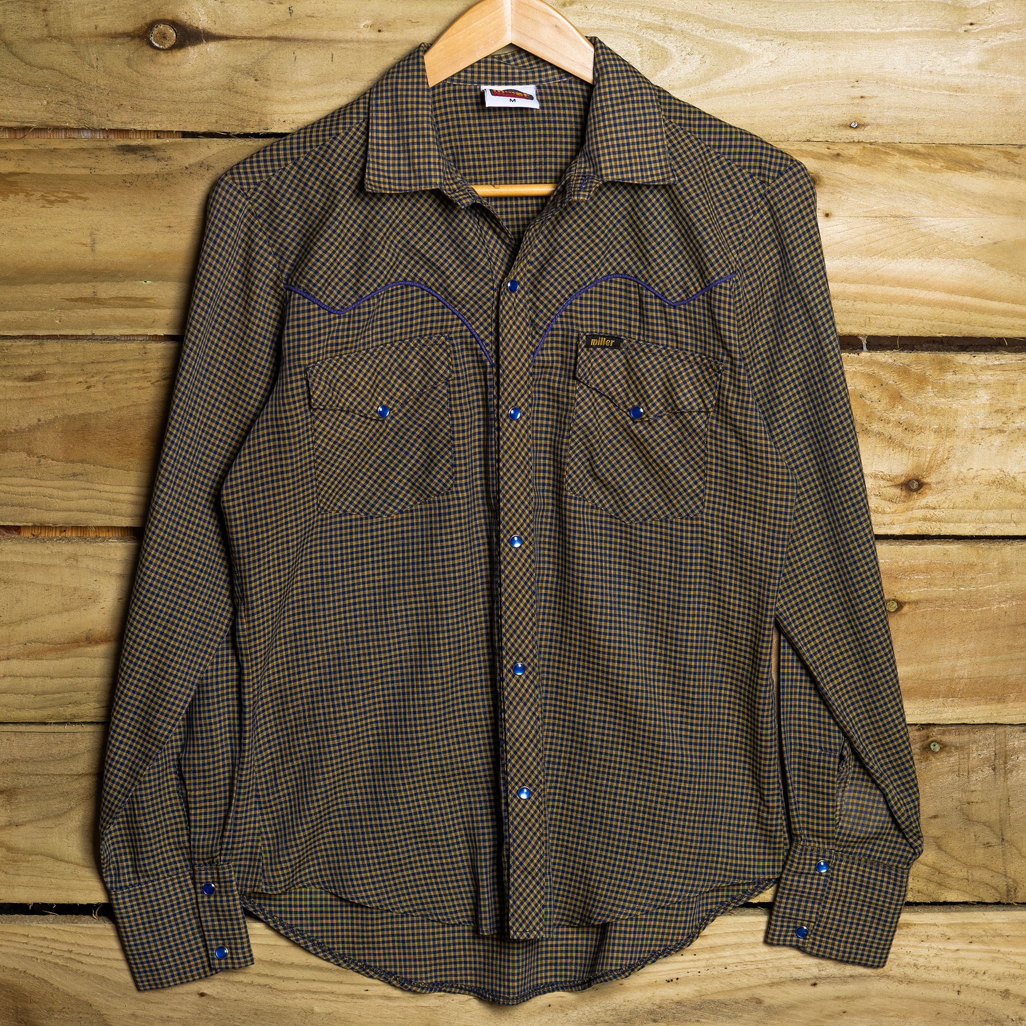 Vintage Miller Western Wear Blue & Yellow Check Pearl Snap Western Shirt – Size S (8–10)