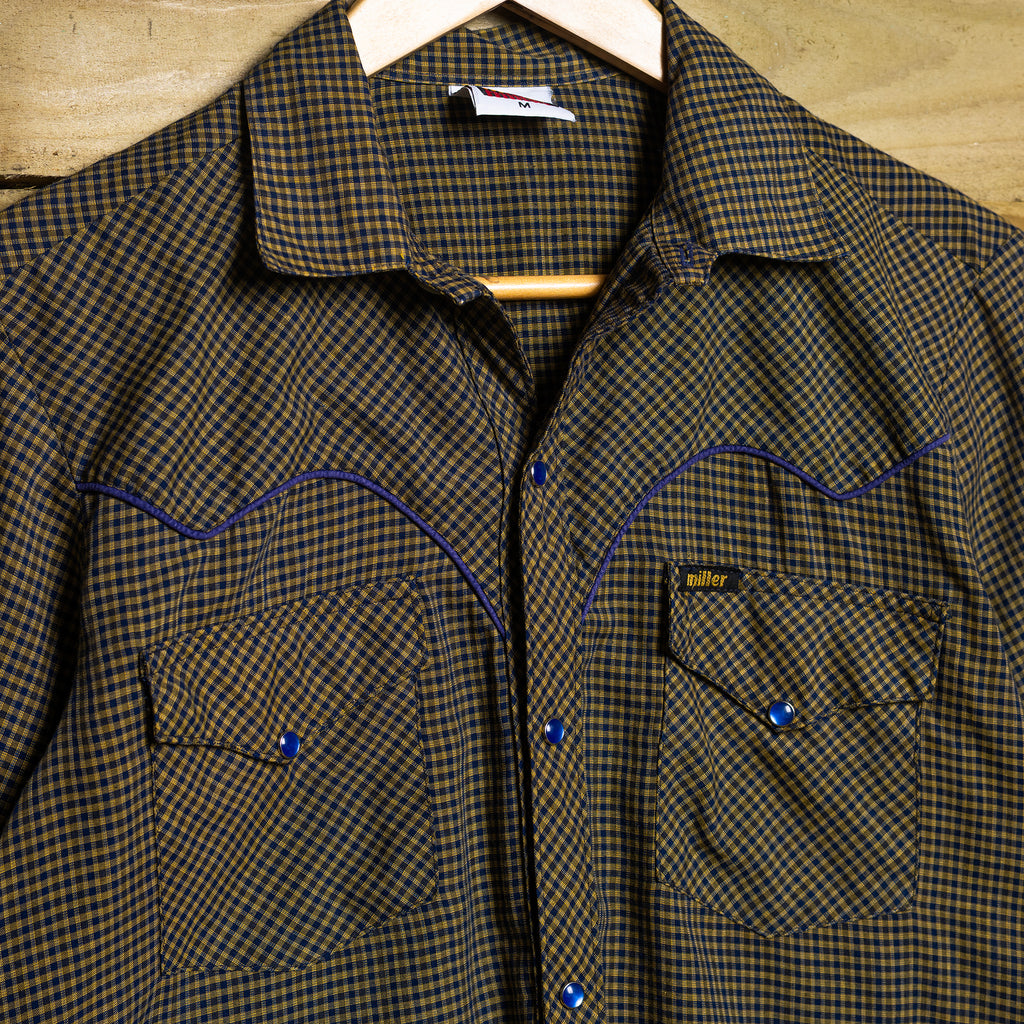 Vintage Miller Western Wear Blue & Yellow Check Pearl Snap Western Shirt – Size S (8–10)